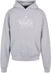 Grauer Kapuzenpullover mit einer Fronttasche, gerippten Bündchen und Saum sowie einem weißen Grafiktextdesign. Hergestellt aus weichem, bequemem Stoff.