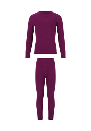 Haut thermique à manches longues violet et leggings thermiques longs assortis disposés à plat, conçus pour le superposition par temps froid.