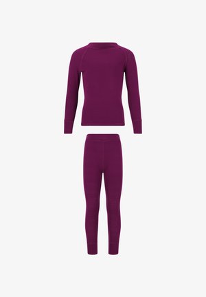 Paarse lange mouwen thermotop en bijpassende lange thermoleggings plat gelegd, ontworpen voor lagen in koud weer.