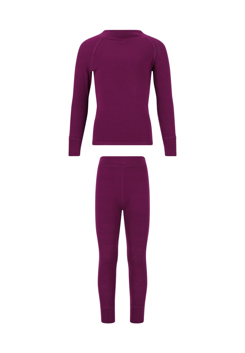 Paarse lange mouwen thermotop en bijpassende lange thermoleggings plat gelegd, ontworpen voor lagen in koud weer.