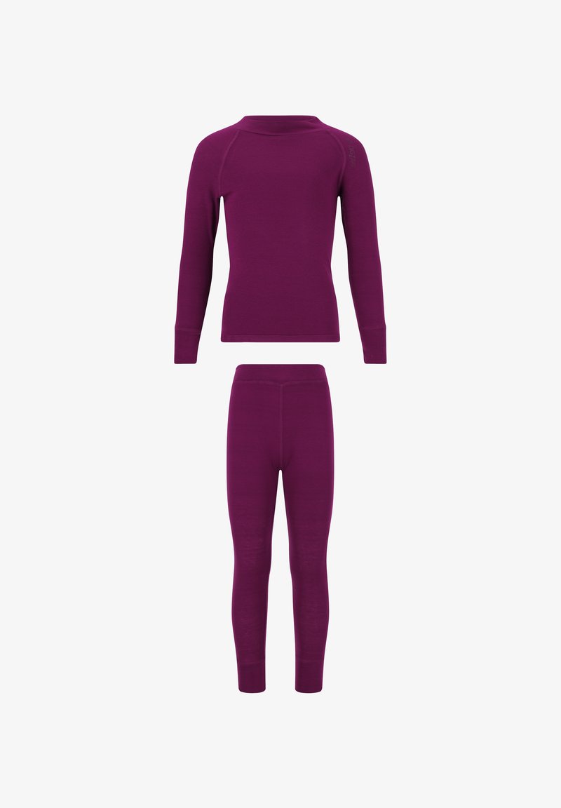 Fialový dlouhý rukáv termosvláknový top a odpovídající dlouhé termosvláknové legíny rozložené na plocho, navrženy pro vrstvení v chladném počasí.