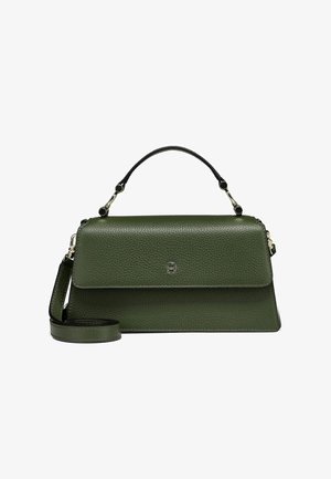 Grüne Lederhandtasche mit strukturierter Form, einem oberen Griff und einem abnehmbaren Schulterriemen. Verfügt über eine dezente strukturierte Oberfläche und Metallbeschläge.