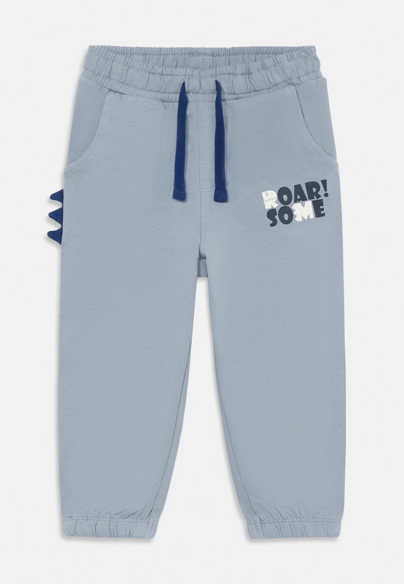 Pantalons de survêtement bleu clair pour tout-petits avec taille élastique et poignets, cordons de serrage bleu marine, pics de dinosaure sur les côtés et graphique "ROAR! SOME" sur la jambe droite.