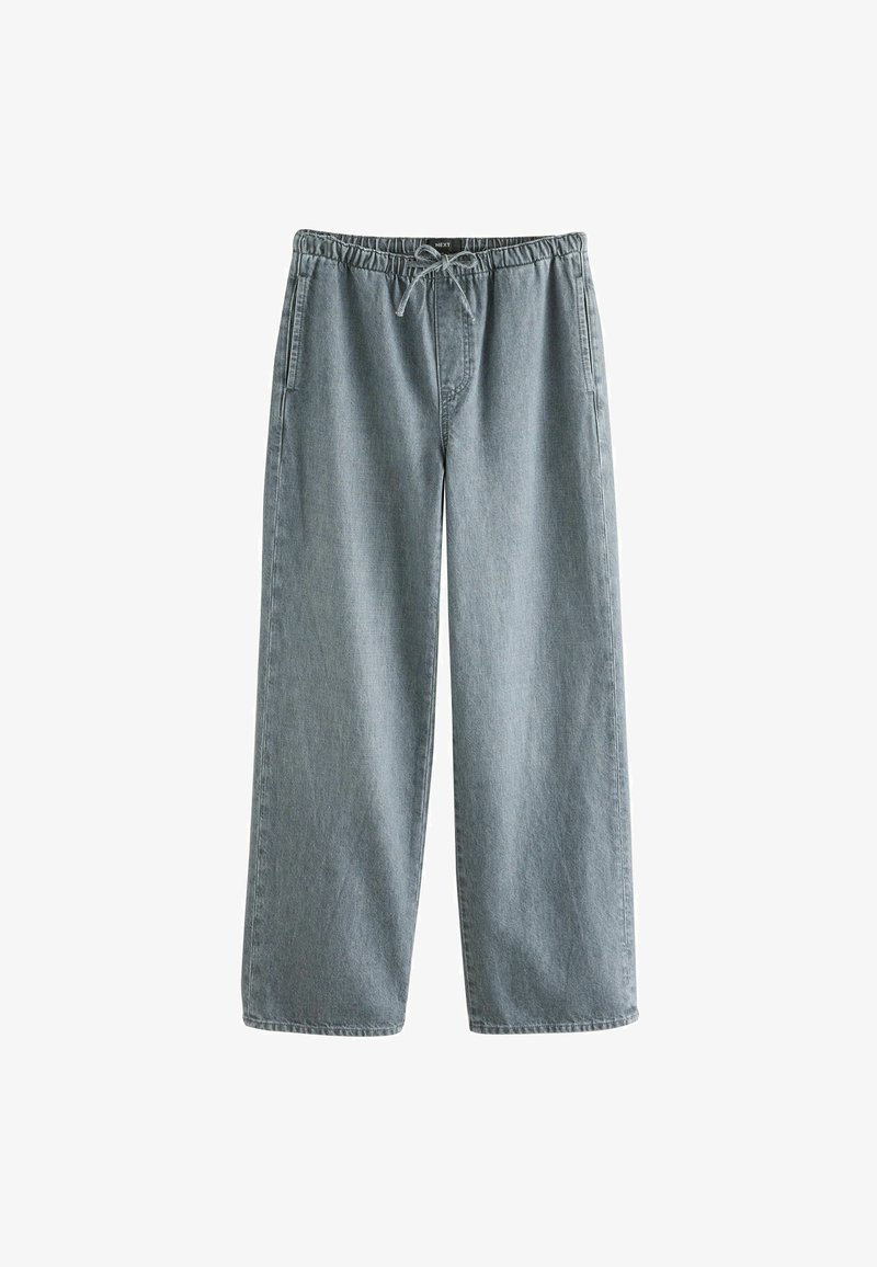 Pantaloni in denim a gamba larga di colore azzurro chiaro con vita elastica e cordino, dotati di tasche laterali.