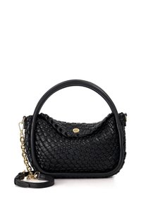 Black woven leather handbag with a curved top handle, gold hardware, and a detachable chain strap for versatile carrying options.