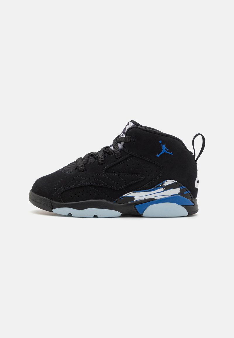 Black suede basketball sneakers with a mid-cut design, featuring blue and white accents on the sole and a prominent logo near the heel.