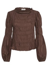 Blusa marrone a maniche lunghe con scollatura arricciata e maniche a palloncino, realizzata in un tessuto testurizzato e con orlo corto.