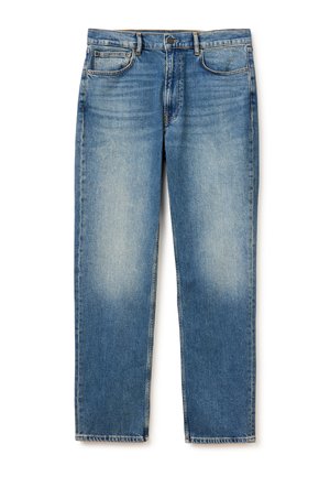 Jeans denim blu a gamba dritta con aree sbiadite, chiusura frontale con bottone e zip, passanti per cintura e cinque tasche, mostrati distesi su sfondo bianco.