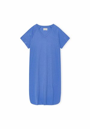 Blue short-sleeve dress with a V-neck, made from lightweight fabric. Features a relaxed fit and a rounded hem at the bottom.