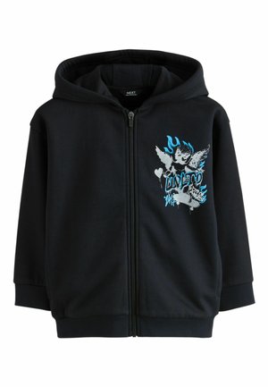 Black zip-up hoodie with a hood, featuring a graphic of a winged cherub, blue flames, and skateboard-themed text on the left chest.