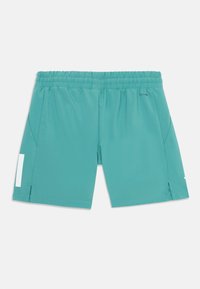 Shorts de sport teal avec une taille élastique, des poches latérales et des détails en panneau blanc contrastant. Fabriqués en tissu lisse et léger.