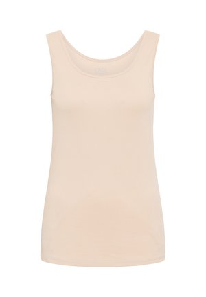 Sleeveless beige women's tank top with a scoop neckline, made of smooth fabric, displayed on a white background.