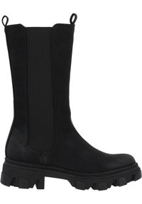 Czarne botki za kostkę z elastycznymi panelami po bokach, masywną podeszwą z bieżnikiem oraz pętelkami do łatwego zakładania. Wykonane z trwałego materiału.