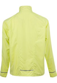 Lightweight, neon yellow jacket with a high collar, long sleeves, and reflective silver accents. Smooth texture with tailored seams.