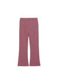 Szorított lábszárú leggings puha, rugalmas, poros rózsaszín anyagból. Jellemzi az elasztikus derékpánt és sima textúra, további minták vagy díszítések nélkül.