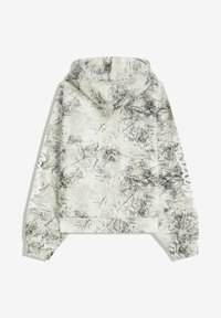 Hoodie in lichtgrijs met een gestructureerd zwart abstract patroon. Heeft een cropped ontwerp en een trekkoord capuchon.
