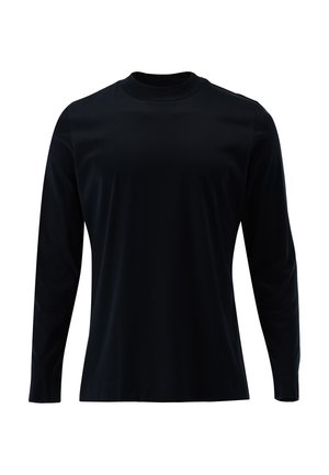 Maglietta nera a maniche lunghe realizzata in tessuto liscio con scollatura arrotondata e maniche aderenti, caratterizzata da un design semplice e senza cuciture.