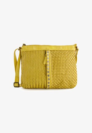 Woven yellow handbag with a smooth leather top, featuring a decorative silver button accent on one side and an adjustable strap.