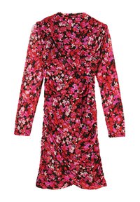 Blumen-Wickelkleid in Rot, Pink und Schwarz. Lange Ärmel, gerafftes seitliches Detail, weicher Stoff, lebhaftes Blumenmuster in der gesamten Fläche.