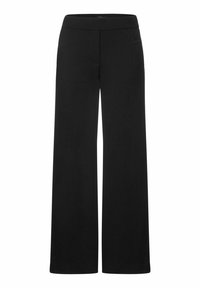 Zwarte wijde broek met een zachte, gladde textuur en een elastische tailleband. Voorzien van een subtiele zijzak. Eenvoudig en strak ontwerp.
