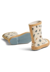 Bottes imperméables à motifs jaunes avec des designs floraux et de planches de surf. Semelles en caoutchouc texturé et doublure intérieure lisse.