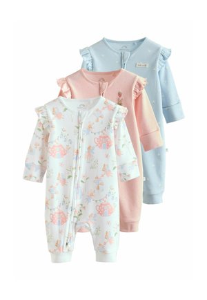 Kolm pika varrukaga beebi kombinesooni, millel on õlgadel volangid: lillemustriga, roosa jänesemustriga ja sinine väikeste lilledega, kõigil ees lukud.