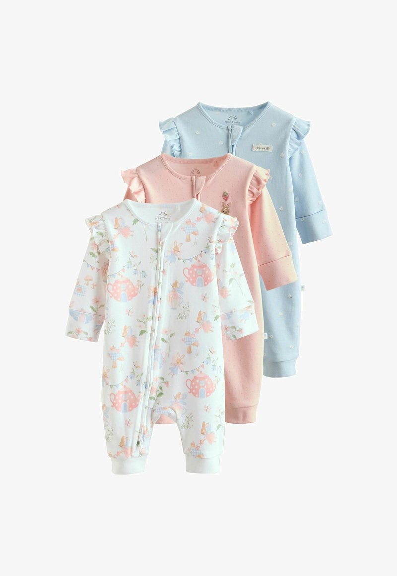 Trois grenouillères pour bébé à manches longues avec épaules volantées, en motifs fleuris, rose avec lapin, et bleu avec petites fleurs, toutes équipées de fermetures éclair à l'avant.