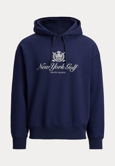 Μπλε σκούρο φλις κουκούλα με τσέπη καγκουρό, κουκούλα με κορδόνι και λευκό κεντητό λογότυπο «New York Golf» στο στήθος.