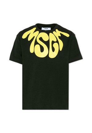 Czarny t-shirt z krótkim rękawem z dużym, wyraźnym żółtym logo MSGM na górnej części klatki piersiowej i ramionach.