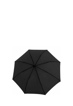 Ombrello nero aperto con otto pannelli e stecche metalliche visibili, visto dall'alto su sfondo bianco.