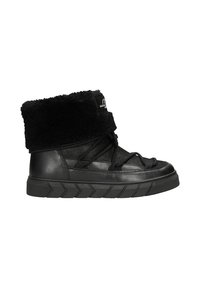 Schwarze knöchelhohe Sneaker mit einem Kunstfellkragen, Obermaterial aus strukturiertem Stoff und einer dicken Gummisohle mit Zickzack-Muster.