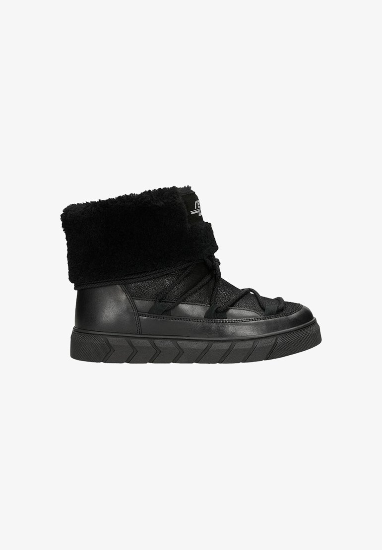 Schwarze knöchelhohe Sneaker mit einem Kunstfellkragen, Obermaterial aus strukturiertem Stoff und einer dicken Gummisohle mit Zickzack-Muster.