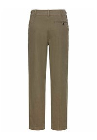 Pantalon droit vert olive avec passants de ceinture, poche passepoilée arrière boutonnée et détails de couture simples.