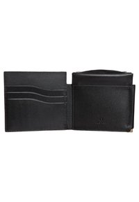 Black leather bifold wallet with three card slots on left and a coin pocket with snap closure on right, brand logo embossed below.