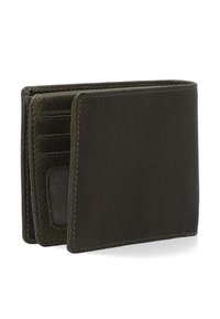 Donkergroen leren portemonnee met een gestructureerde afwerking, bi-fold ontwerp, meerdere kaarthouders en een afneembare ID-houder. Zichtbare stikaccenten.