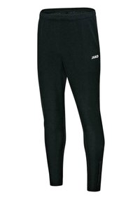 Zwarte sportbroek van soepel materiaal, met een aansluitend ontwerp, zijritsen bij de enkels en een wit "JAKO" logo op de bovenbenen.