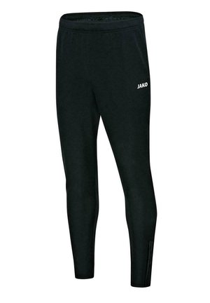 Pantalons de sport noirs en tissu lisse, avec une coupe ajustée, des zips sur les chevilles et un logo "JAKO" blanc sur la cuisse.