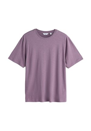 Tricou din bumbac de culoare mov deschis, cu decolteu rotund și mâneci scurte, cu croială lejeră, prezentat pe un fundal alb.