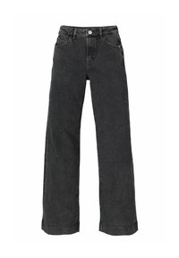 Jean large en denim noir à taille haute, avec de subtils éclats sur toute la surface, des coutures robustes et un design classique à cinq poches.