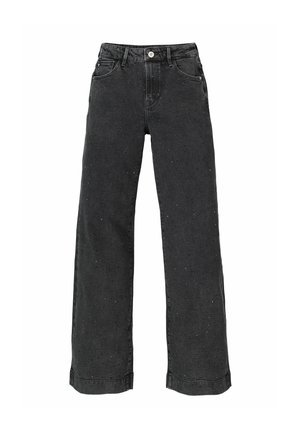 Schwarze Denim-Hosen mit weitem Bein und hohem Bund, die über dezente Sprenkel sowie robuste Nähte verfügen und im klassischen Fünf-Taschen-Design gestaltet sind.