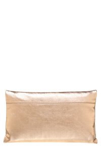 Metallic rose gold clutch, rectangular shape, smooth texture, stitched seam along the top, minimalist design, no visible hardware or accents.