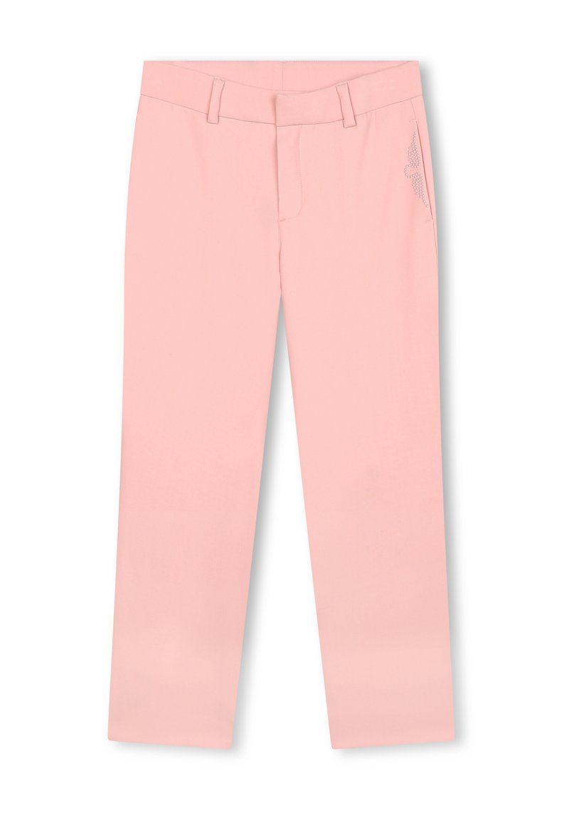 Pantalons roses à coupe droite avec passants de ceinture et un petit détail de papillon en strass près de la poche droite.