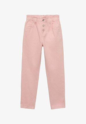 Pantaloni din denim roz, cu un tiv elastic la talie, închidere cu cinci nasturi, două buzunare frontale și croială dreaptă. Textură netedă și design clasic.