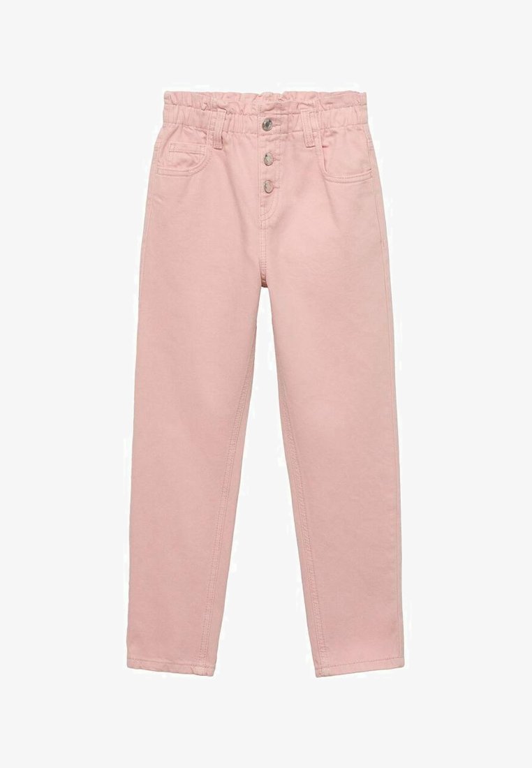 Roza kavbojke iz denima z elastičnim pasom, pet gumbi za zapiranje, dvema sprednjima žepoma in ravnim krojem. Gladka tekstura in klasičen dizajn.