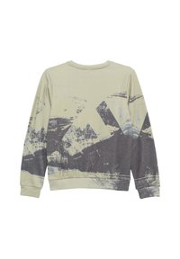 Jasnozielony sweatshirt z grafikiem gór w odcieniach szarości, okrągły dekolt, długie rękawy oraz ściągacze przy mankietach i u dołu. Miękki materiał z mieszanki bawełny.
