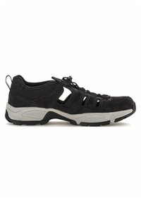Schwarzer Wildledersportschuh mit Mesh-Einschnitten, Gummisohle und grauen Akzenten. Verfügt über elastische Schnürsenkel und eine Schlaufe für einfaches Anziehen.
