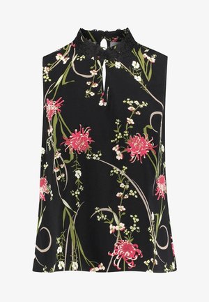 Top noir sans manches avec un motif floral comprenant des chrysanthèmes roses et de petites fleurs blanches, rehaussé d'un col en dentelle et d'un détail en forme de clé.