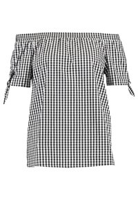 Off-the-shoulder top in black and white gingham pattern, with short sleeves featuring tie detailing and a gathered neckline.