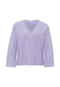 Pull violet clair à manches longues avec col en V et poignets retroussés, en tissu doux et texturé, présenté sur fond blanc.