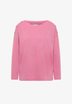 Langärmliges Shirt aus weichem pinken Stoff mit einer legeren Passform. Verfügt über Schultertasten und einen runden Ausschnitt. Glattes, leicht strukturiertes Material.